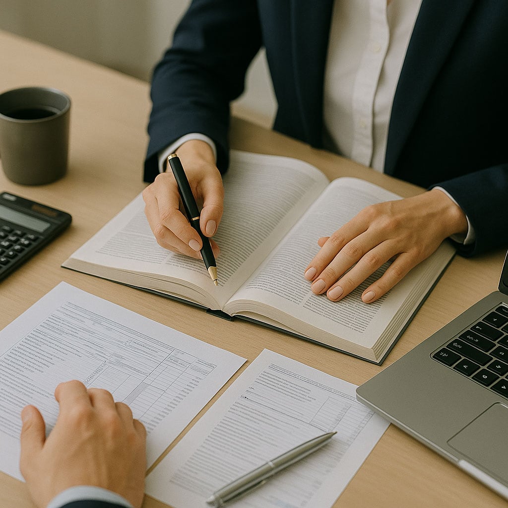Dos personas sentadas ante un escritorio con documentos, un portátil y café; una escribe en un libro abierto mientras la otra revisa el papeleo, reflejo de la asesoría personalizada en Sevilla que aprecian los clientes.